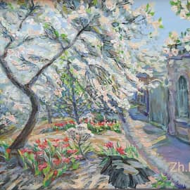 "Вишневый сад. Весна. Старый город" городской пейзаж