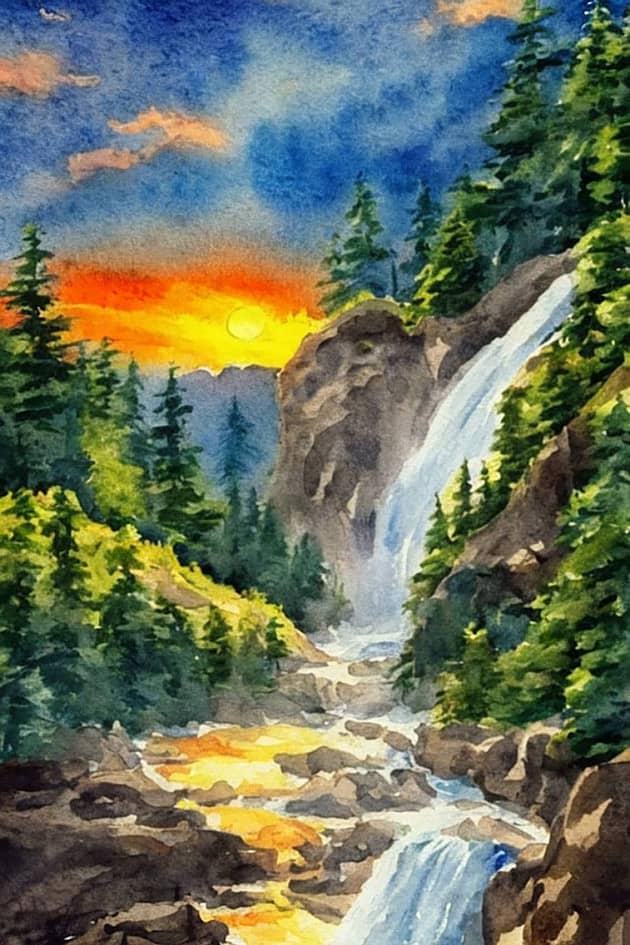 Картина "Вечер у лесного водопада"