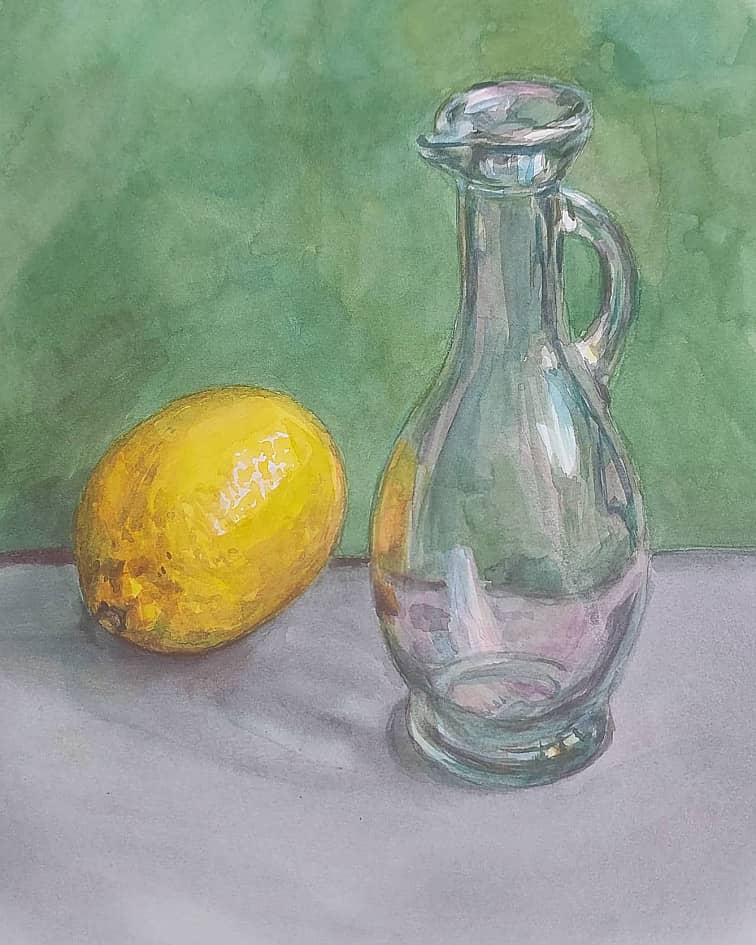 учебный натюрморт, лимон и стекло