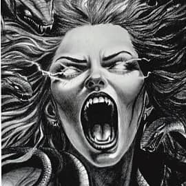 Горгона экспрессивный женский портрет, ярость в графике