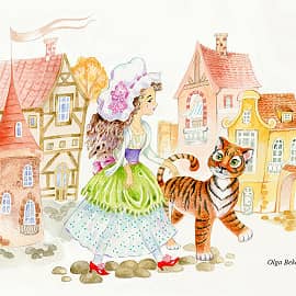 Девочка  c  тигренком на прогулке