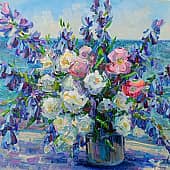 Колокольчики и розы у берега моря. Серия натюрморт под открытым небом. ZhNataly