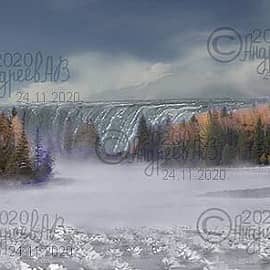 Небо, лес, водопад, зима.