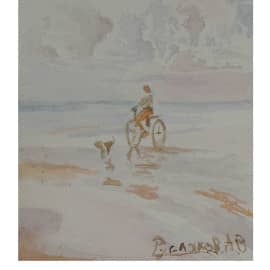 Девушка на велосипеде и собака 2021  12.5х18   бумага акварель