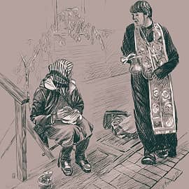 У входа в храм (уличная сценка). Нищенка и батюшка.