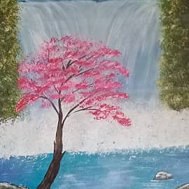 Цветущее дерево у водопада