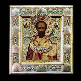 икона Николая Чудотворца в драгоценном окладе. Московская Иконописная Мастерская