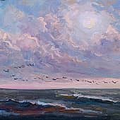 Розовые облака. Птицы летят над водой. Пленэр ZhNataly.