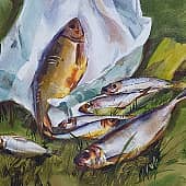 Натюрморт на траве, рыбки