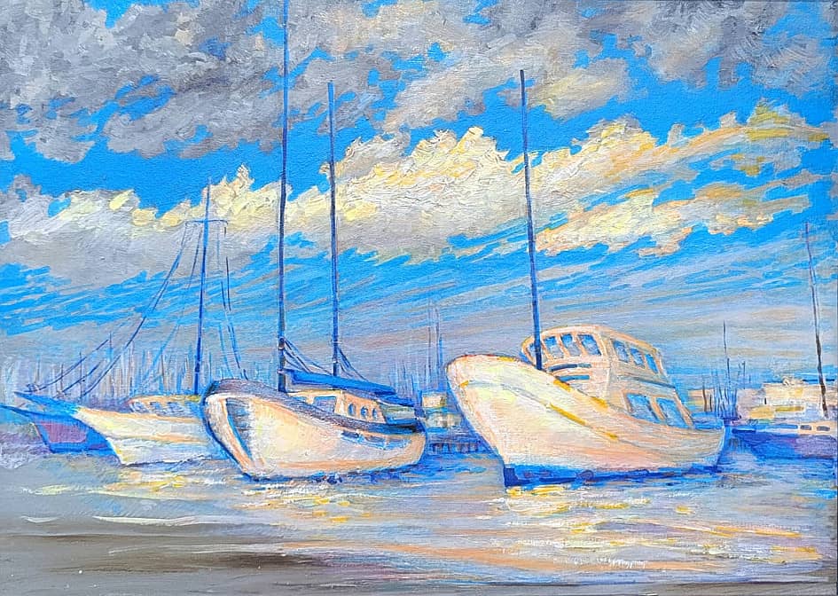 Белые яхты, синее море. Серия Яхт-клуб. День и ночь. Проект светофизика в живописи ZhNataly