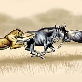 Львица и антилопы гну