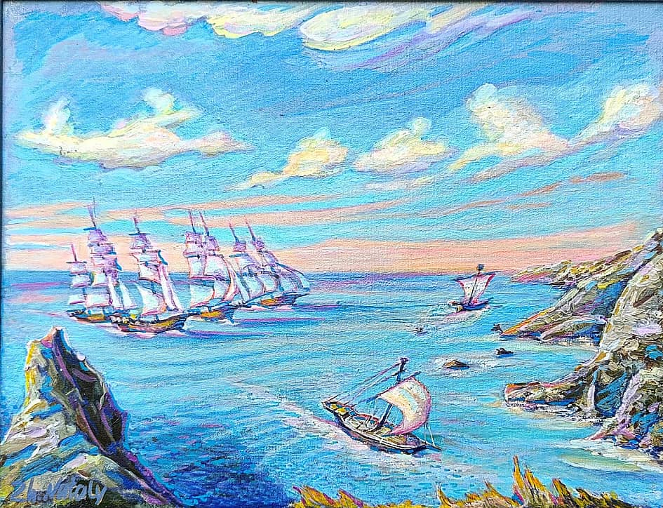 Флотилия у берега. День и ночь. Проект светофизика в живописи ZhNataly. Светящаяся картина.