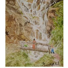 Деревянный мостик под водопад 2020  25х18   бумага акварель