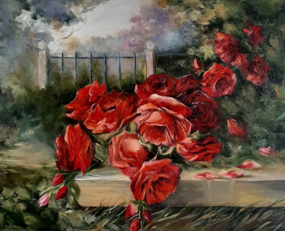 Красные Розы в саду.   Свободная копия картины взятой из интернета