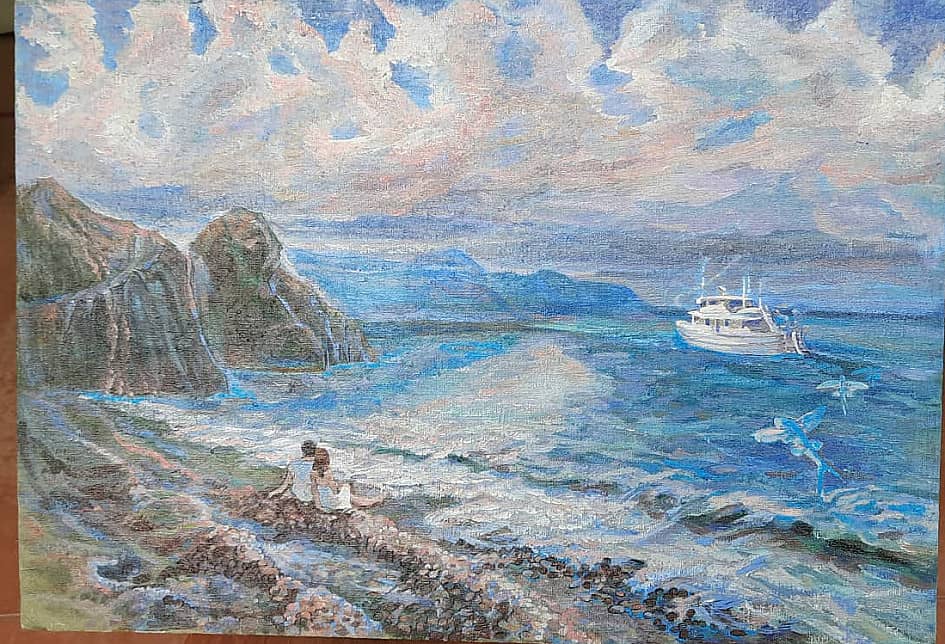 Мечты о море. Картина ZhNataly. 6080, хм. Парень и девушка отдыхают на  берегу моря.