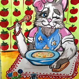 Киска ест суп из миски