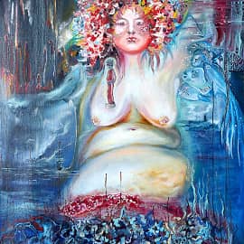 Мальчик смотрит, как женщина на синих простынях и в красных чулках превращается в цветок