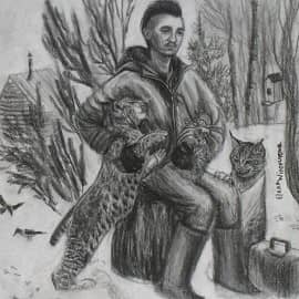 Дружеский шарж в подарок человеку, опасавшемуся рысей на даче