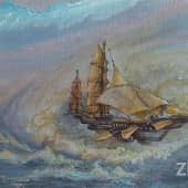 Приводнение. Посадка на воду летающего парусника. Картина из серии Сказочные миры ZhNataly