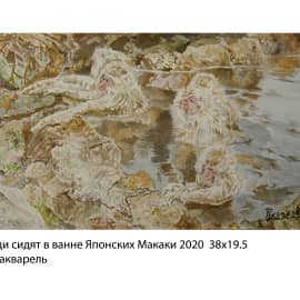 Как люди сидят в ванне Японских Макаки 2020 38х19.5 бумага акварель