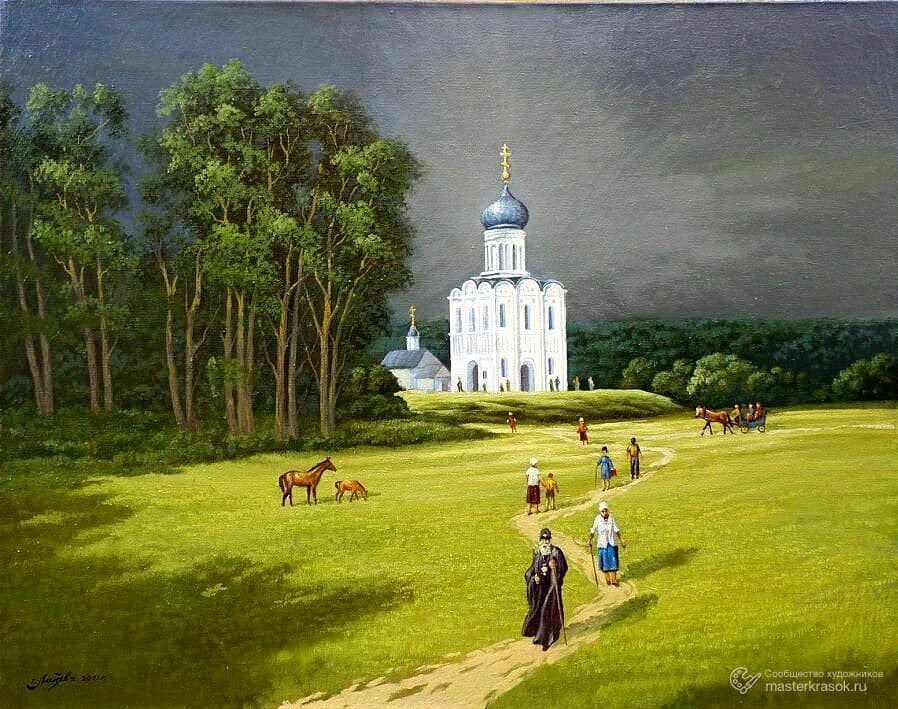 Картина «Дорога в храм Покрова» Холст, Масло 2021 г.