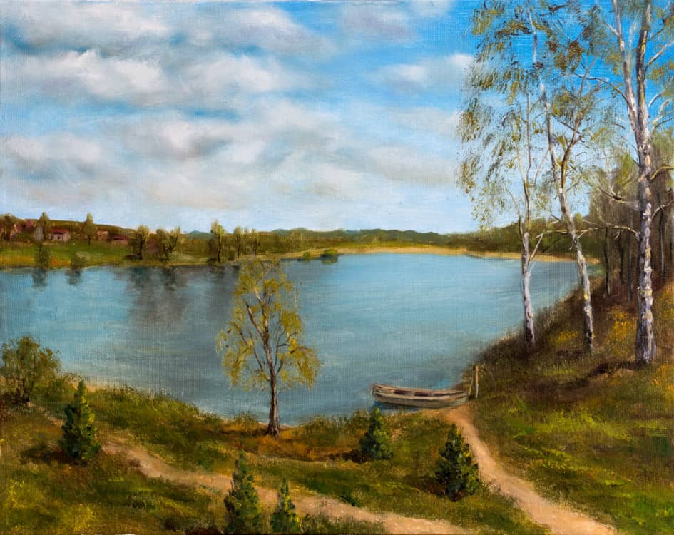 Пейзаж с лодкой на озере
