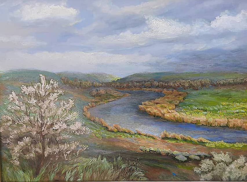 Весна. Абрикос цветет. Меандра (петля) реки Миус, пленарная живопись ZhNataly.  Отправились за город