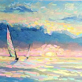 День и ночь. День. Яхта в море на закате. Проект "светофизика в живописи"  ZhNataly