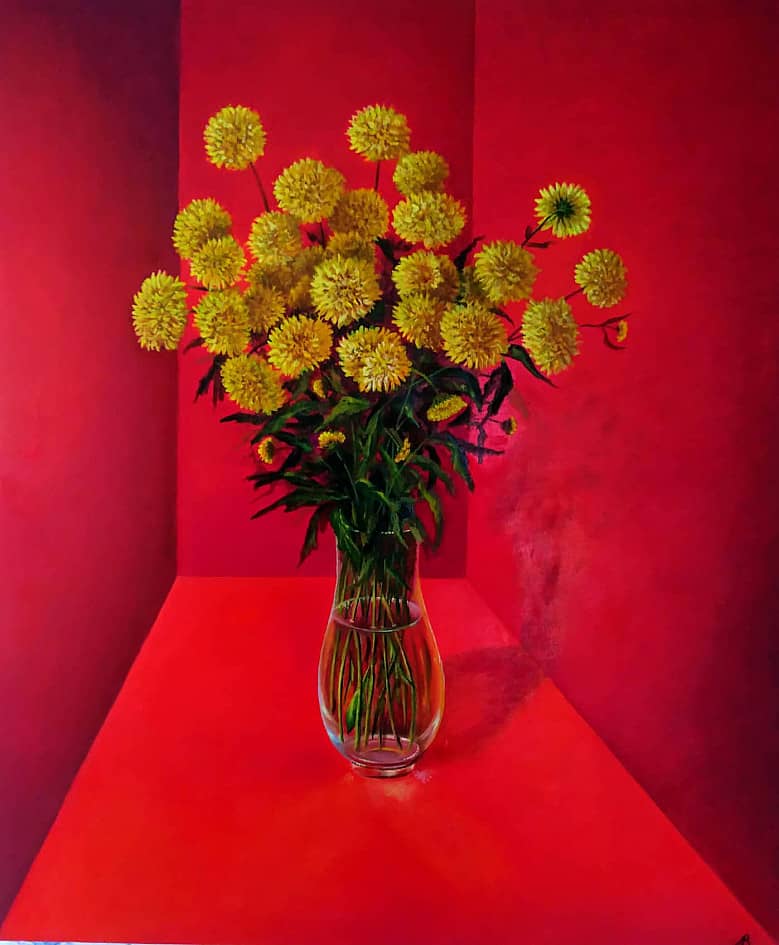 Жёлтые цветы на красном  Yellow Flowers on Red