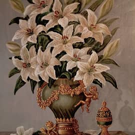 немного золота, изгибы лепестков изысканных, чуть вычурных цветков надменно-неприступных белых лилий