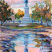 Розовый закат, отражение. Петр Первый Антокольского в Таганроге.  Пленэр ZhNataly