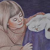 Девочка и спящий котенок