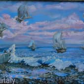 "Летающая флотилия"  Из серии "летающие корабли",  картина к "Голубой выставке" Натальи Журавлёвой."