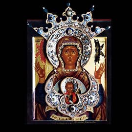 Икона Богородицы Знамение в драгоценном венце и цате. Московская Иконописная Мастерская