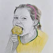 Внучка в детстве с яблоком (1), художник Наталия