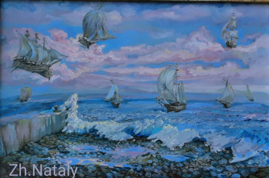 "Летающая флотилия"  Из серии "летающие корабли",  картина к "Голубой выставке" Натальи Журавлёвой."