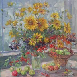 Натюрморт с подсолнухами на веранде