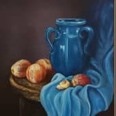 Персики на синем, художник К_Вероника