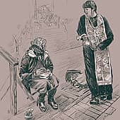 У входа в храм (уличная сценка). Нищенка и батюшка.