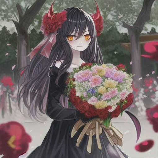 женщина демон держит букет цветов