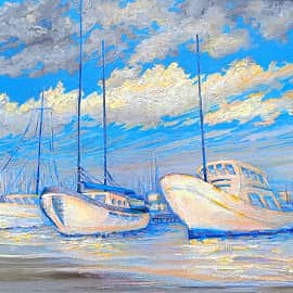 Белые яхты, синее море. Серия Яхт-клуб. День и ночь. Проект светофизика в живописи ZhNataly