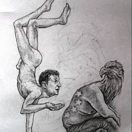 Поймав баланс, прогибаемся и вытягиваем правую руку с просьбой о подаянии.