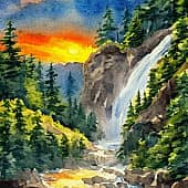 Картина "Вечер у лесного водопада", художник Ольга Пелевина