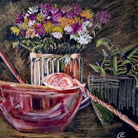 Натюрморт с хризантемами и медным половником