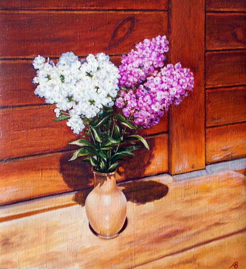 Флоксы на скамейке  Phlox on the Bench, Холст на подрамнике Масло