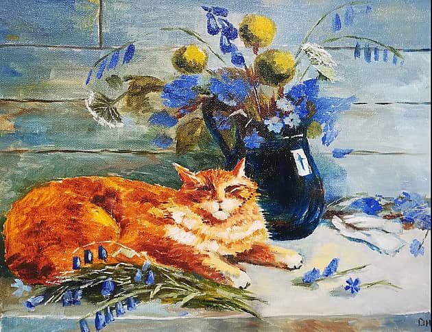Рыжий кот и цветы