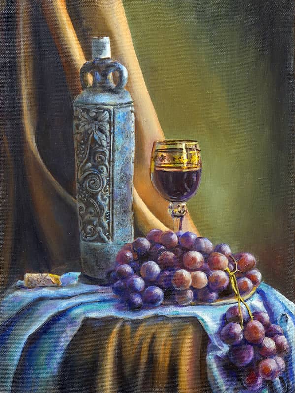 Натюрморт с бокалом вина и виноградом