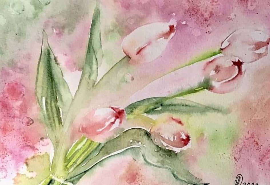 Акварель Розовые тюльпаны
