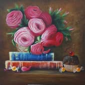 Розовый букет, сладости и книги, художник К_Вероника