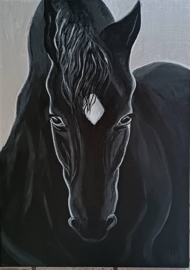 Картина «Чёрный конь» Холст, Акварель 2023 г.
